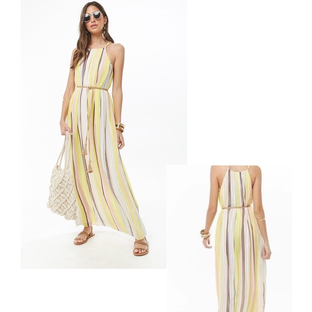 Forever 21 Pleated Multicolor Striped Maxi Dress